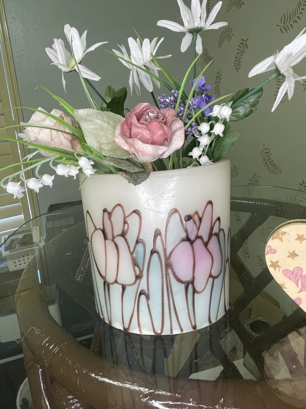 2-Piece Pretty Silk Flower in Wax Vase w/Nice Painted Wooden Heart