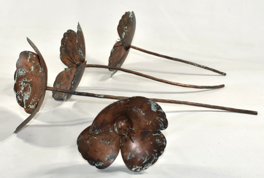 Pottery Barn SAMPLE 3 Pcs Metal Flowers Poppies Poppy Stems Copper Color NO VASE
