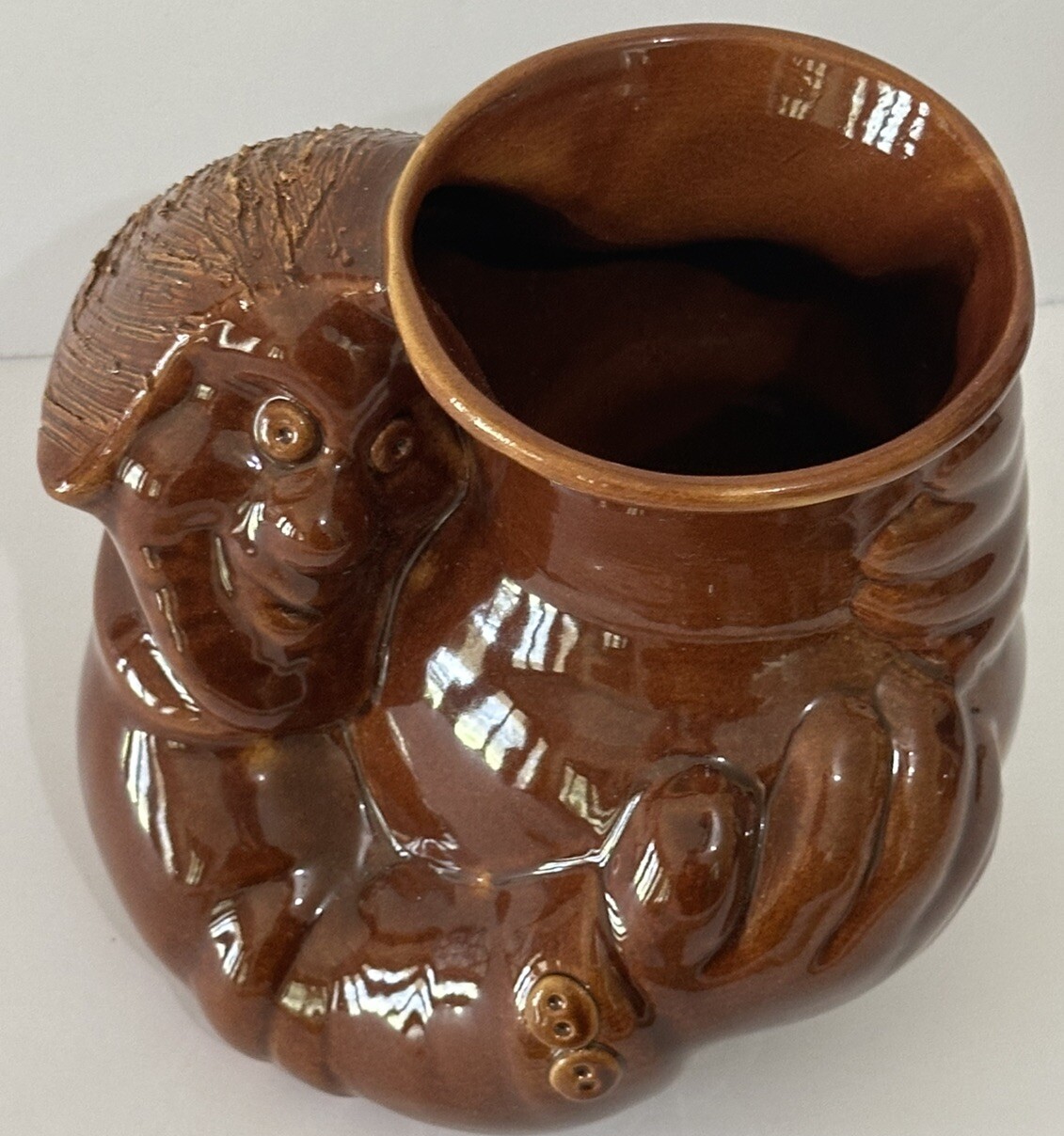 VTG handmade Russian planter Unique head Face 1941 Vase Flower Pot Brown Glaze
