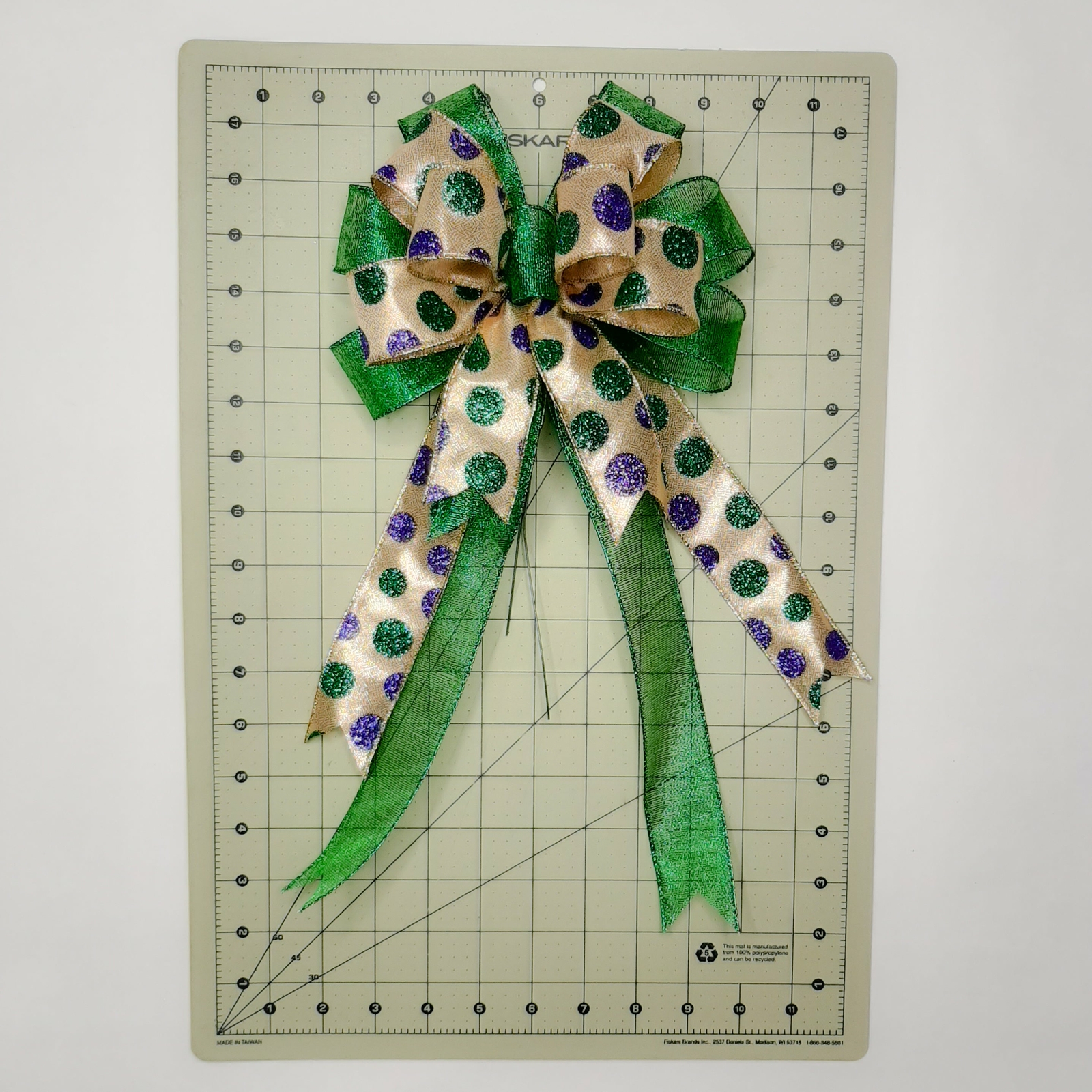 Mardi Gras Bow, Purple Satin, Metallic Gold, Dots