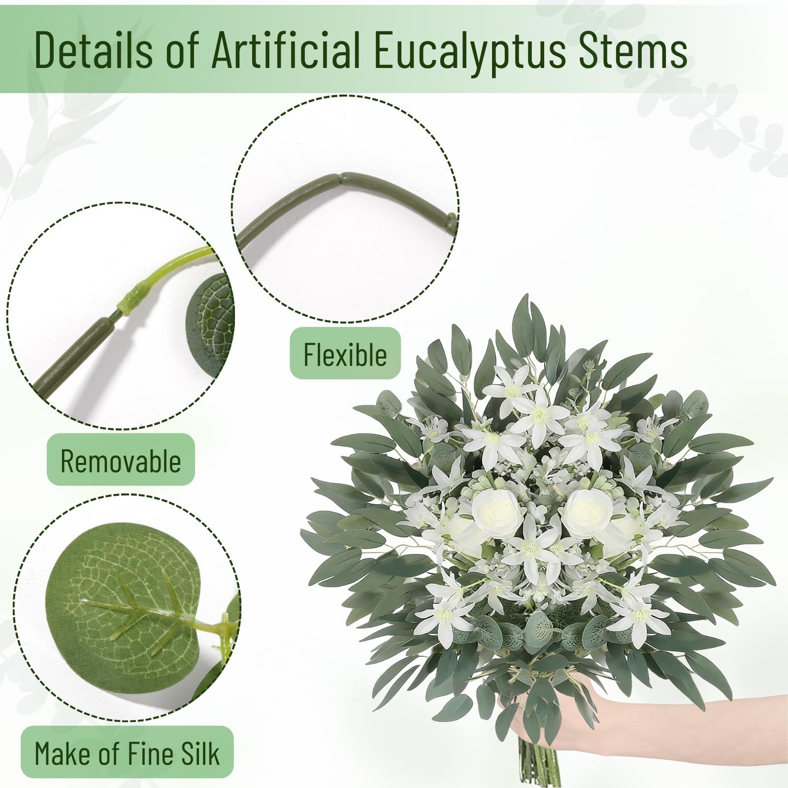 120 Pcs Artificial Eucalyptus Stems, 4 Kinds Mixed Faux Greenery Stems Fake S…
