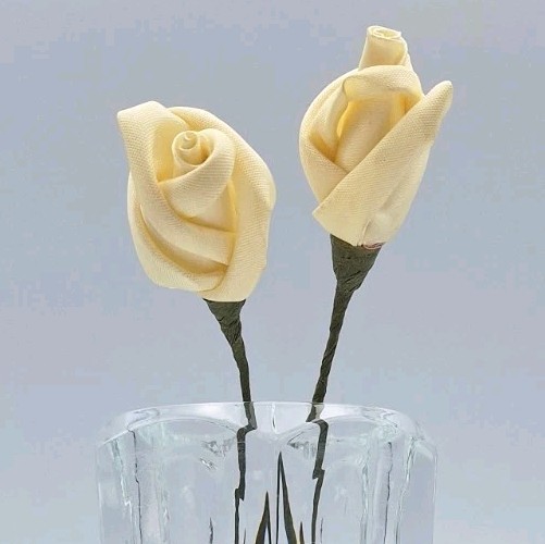 VTG Handmade Satin Ribbon Artificial Rose Bud Flexible Stem Butter Yellow *2Pcs