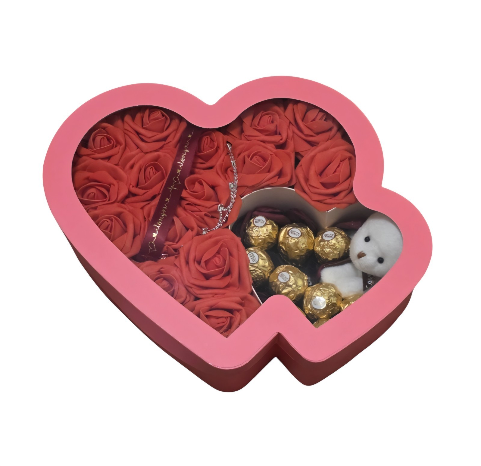 Eternal red flowers with a box in the shape of a pink heart, chocolate/bear.