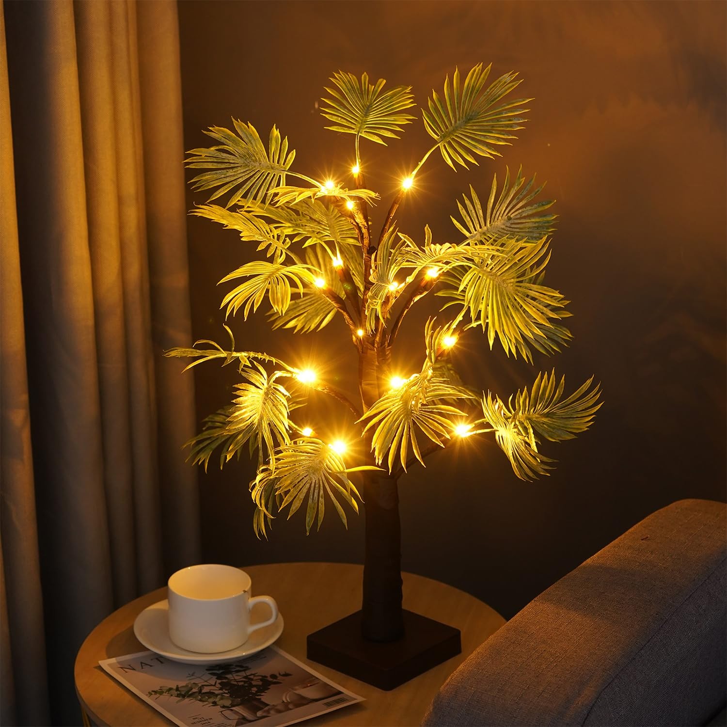 Lighted Trees for Indoor Decor, 24”2FT Lighted Palm Tree with LED Lights, Lighte