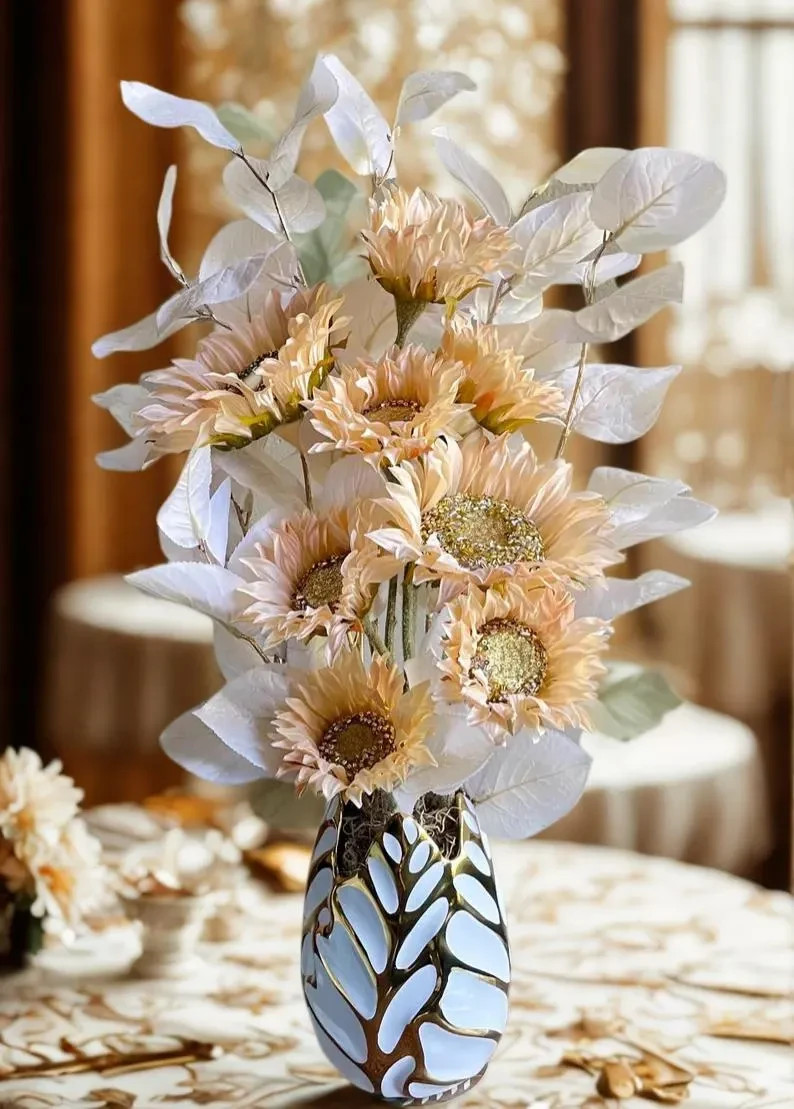 Peach Sunflowers Floral Arrangement: Fancy Table Centerpiece, Modern Home Decor