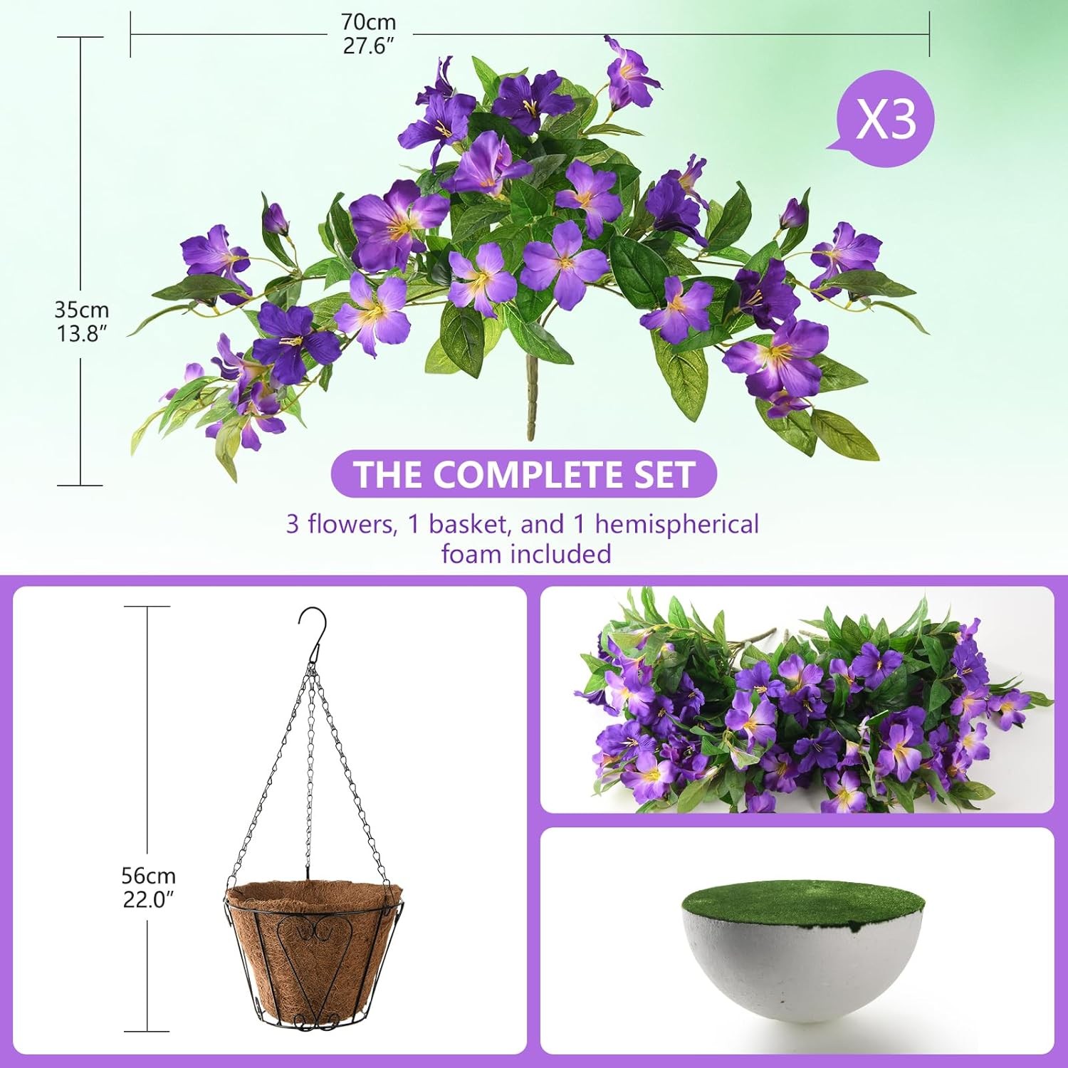 Artficial Fake Hanging Flowers Plants with Baskets, 3PCS Silk Faux Outdoor