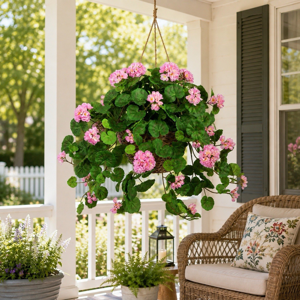 24″ Artificial Flowering Geranium Plant in Hanging Basket Home Decor