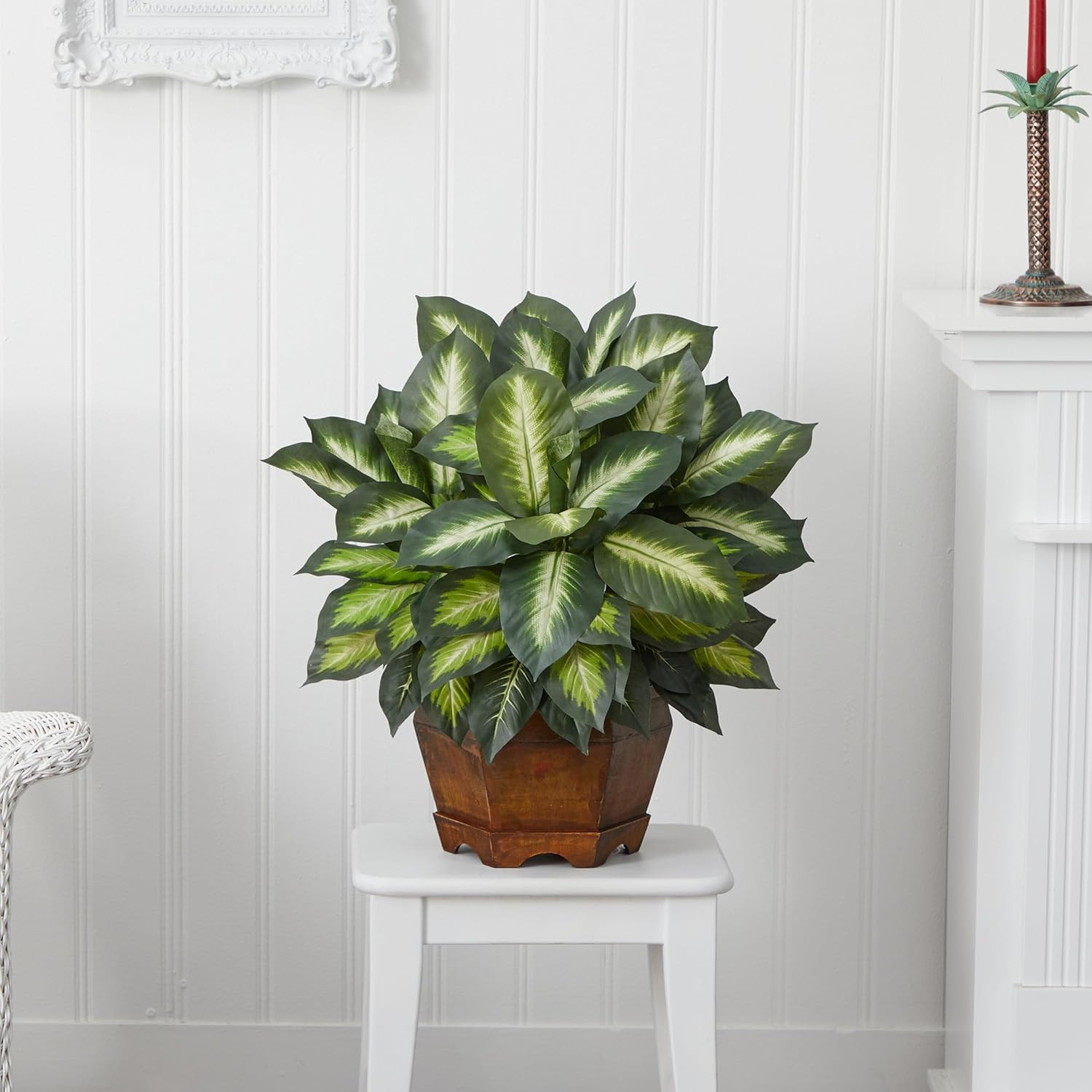 24In Artificial Dieffenbachia Silk Plant with Modern Hexagon Planter, Maintenanc