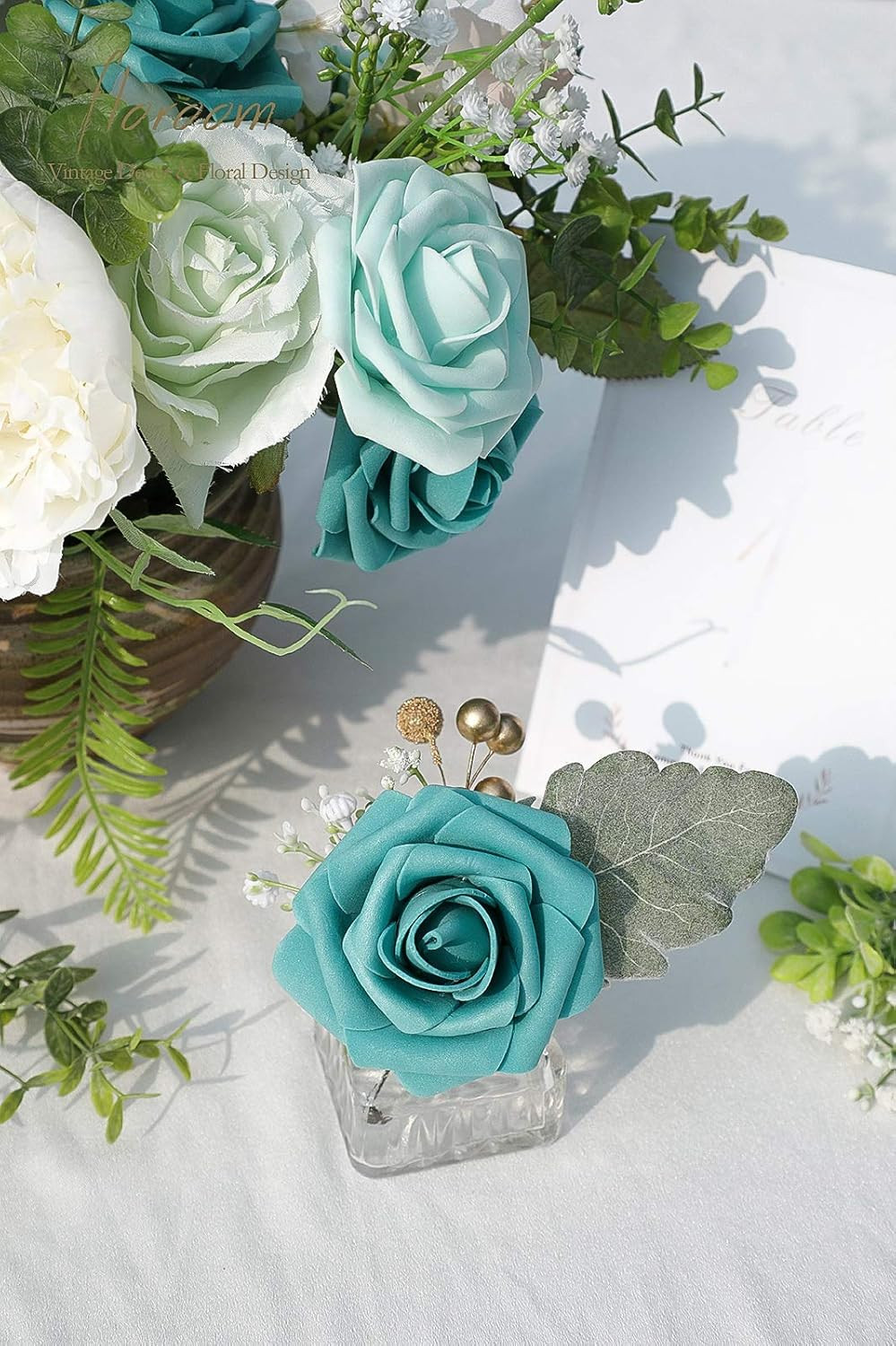 Artificial Flowers 25pcs Real Looking Teal Green Foam Fake Roses with Stems f…