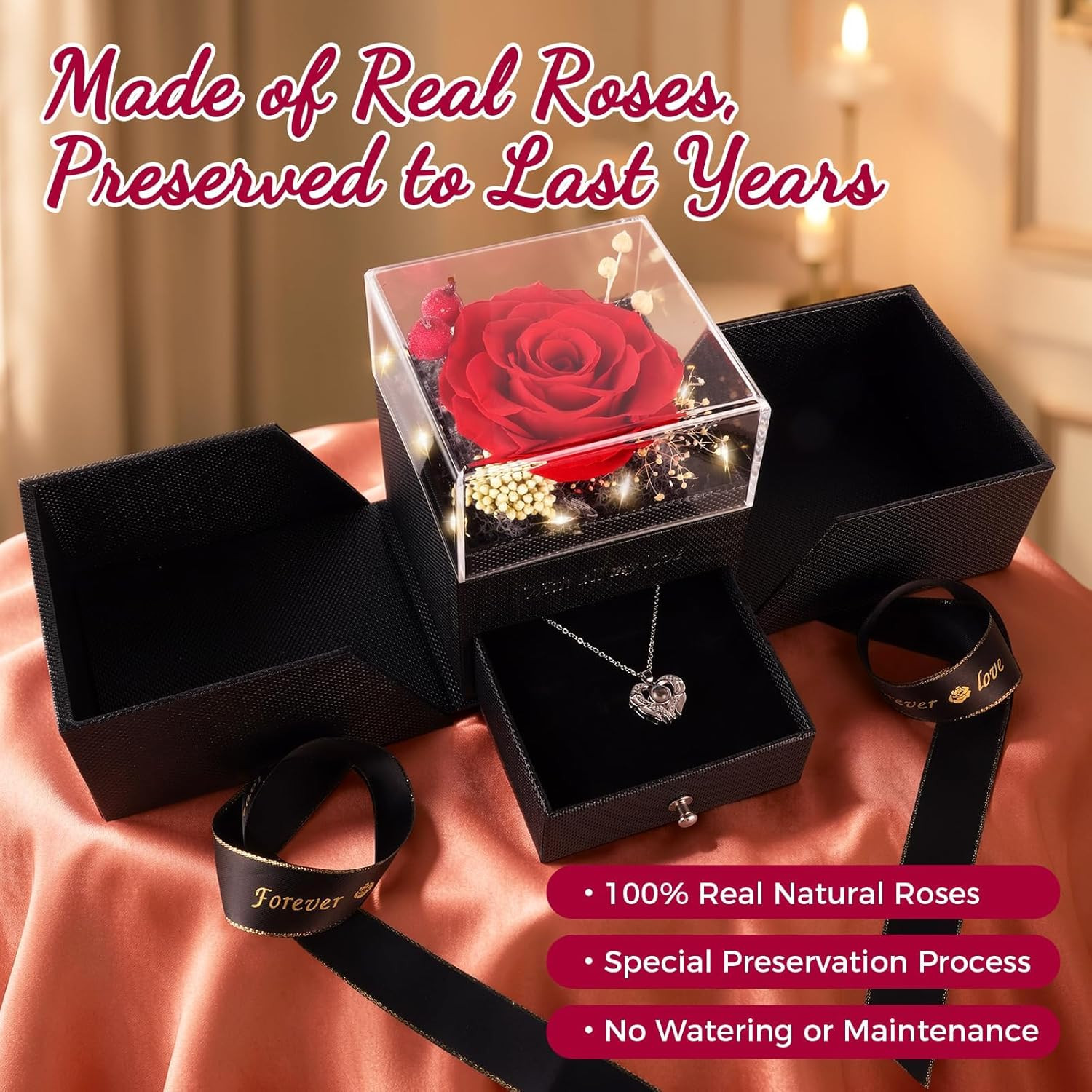 Gifts for Women, Preserved Real Red Rose Gift Box with Heart