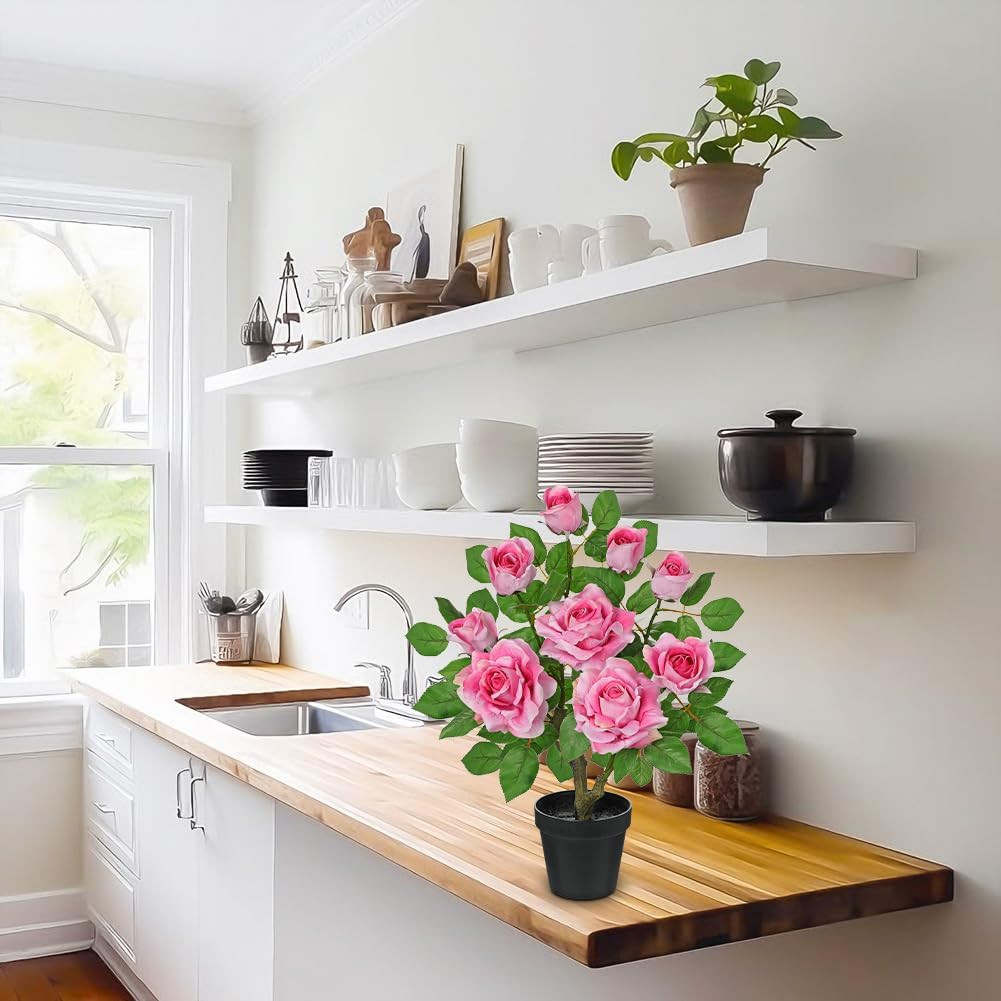 17.7″ Pink Artificial Rose Potted Plant – Elegant Faux Floral Decor for Home