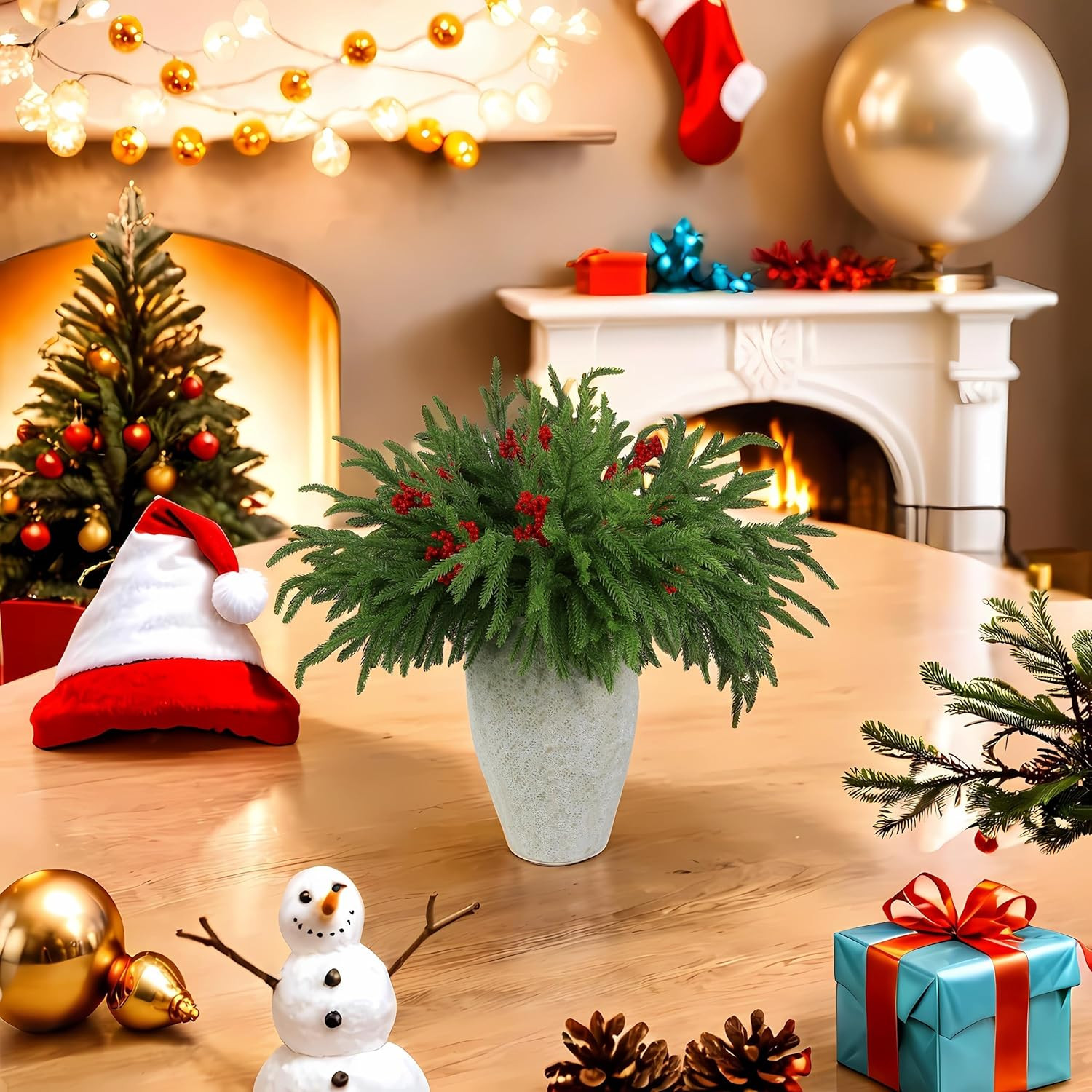 12 Pcs Artificial Norfolk Pine Branches with 8PCS Red Fruits 18″ Plastic Christm