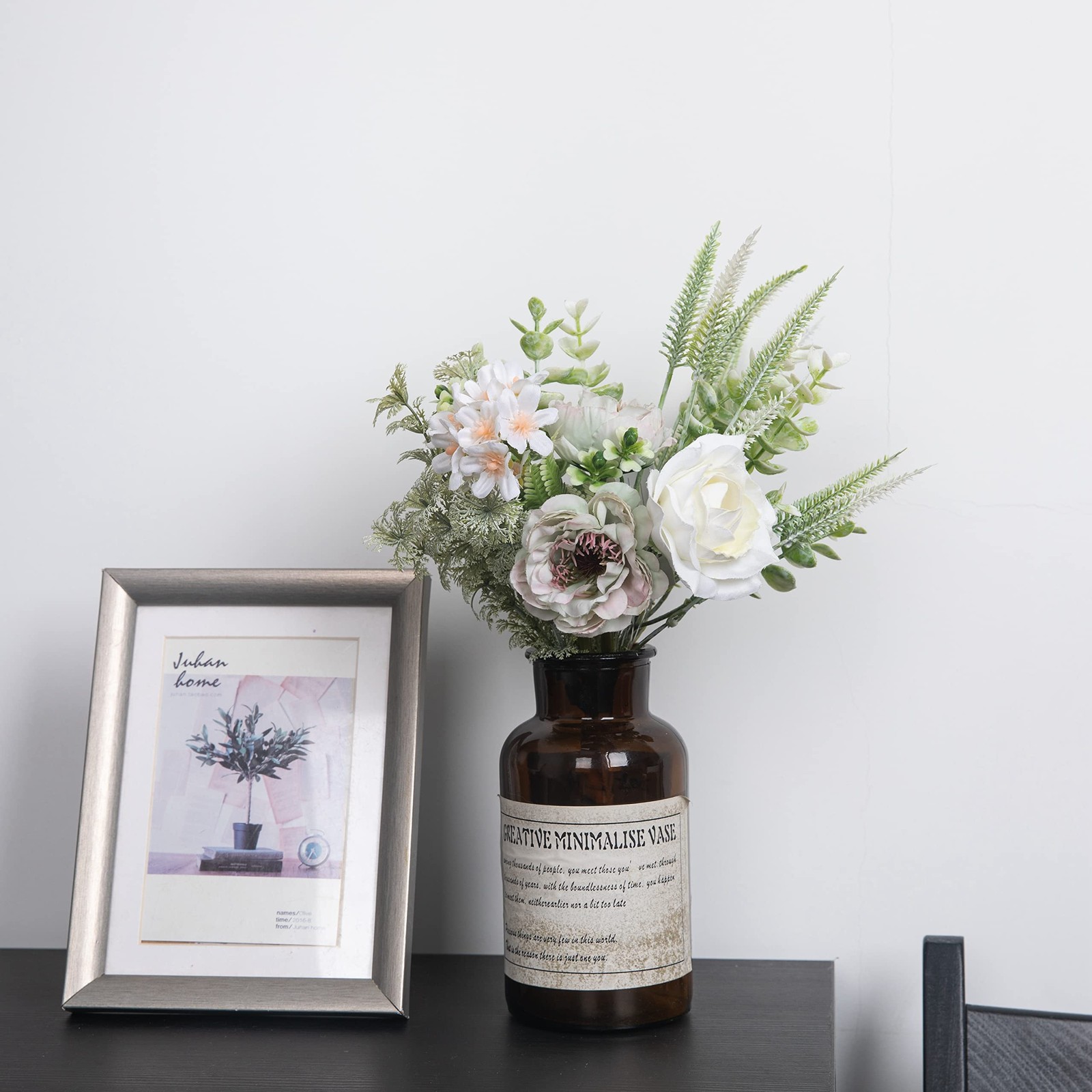 White Green Artificial Flower Bouquet Faux Rose Home Table Centerpiece