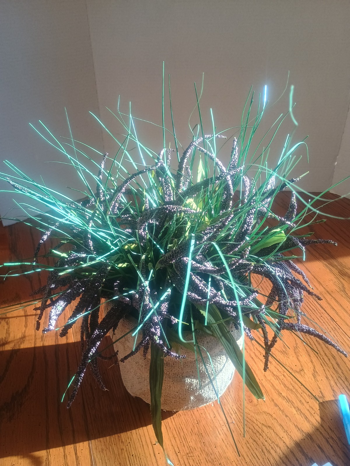 Artificial Lavender & Grass Arrangement In A Unique Burlap Decopoge Type Pot