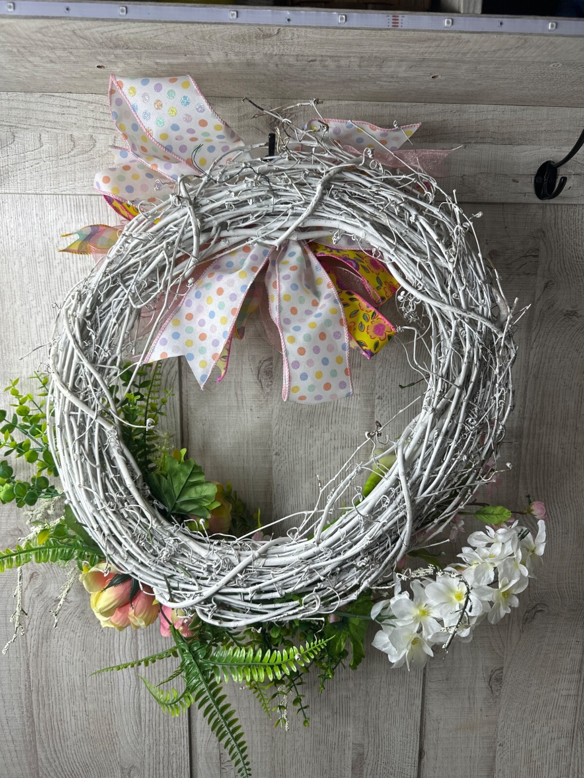 Handmade Floral Grapevine Rustic Wreath Pink Yellow Flowers Ferns w/ Ribbon Bow