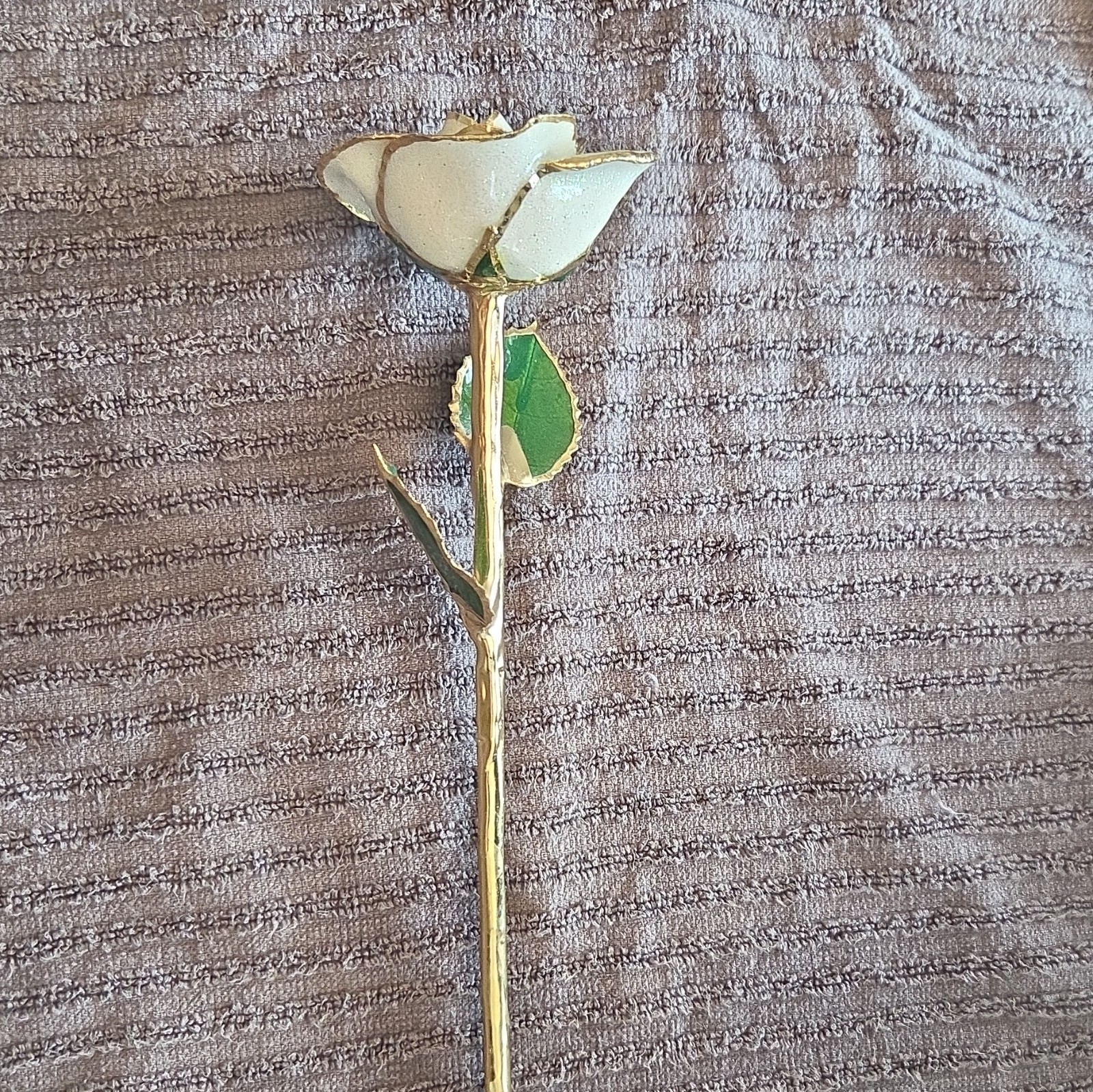 I Hate Steven Singer White Rose Flower Stem Twig & Stem w/ Green Leaves, Gold