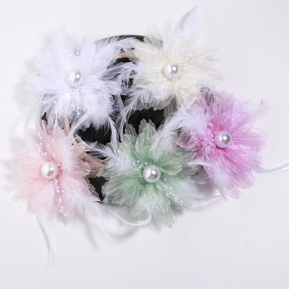12.5cm New Organza Retro Pearl Feather Flower Floral Shape DIY Fabric Applique