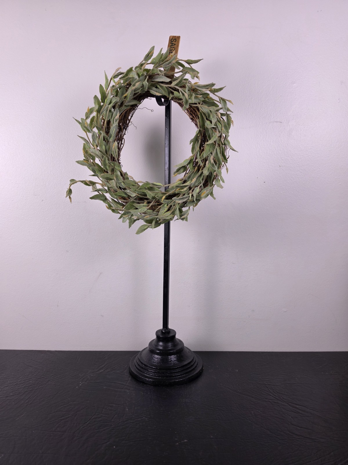Farmhouse Faux Sage Green Wreath 18″ on Twig Grapevine Base with Black Metal…