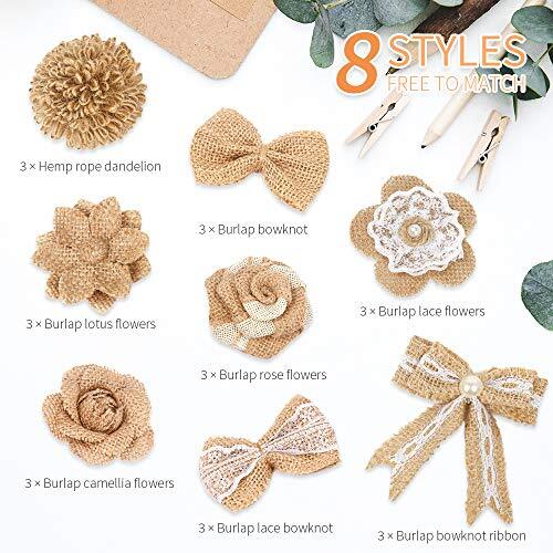 24PCS Burlap Flowers, 8 Styles Natural Handmade Rustic Rose Flower Bowknot