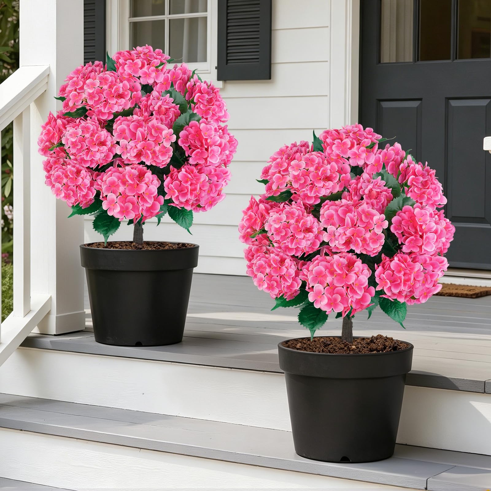 Artificial Topiary Ball Tree with Pink Hydrangea, Set of 2 UV Resistant Shrub…
