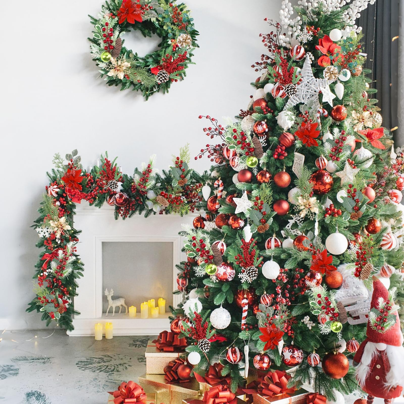 Artificial Christmas Picks 8 Pack Red Berries Stems Evergreen Faux Pine Branc…