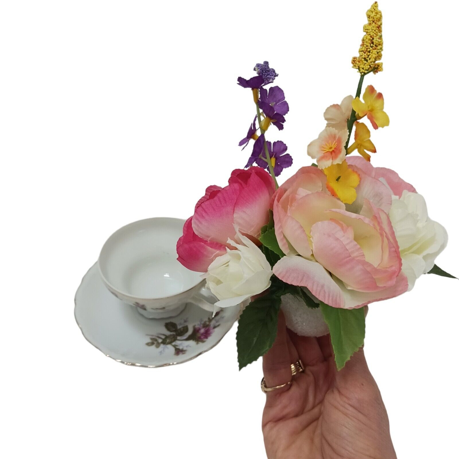 Silk Floral Arrangement POP-IN for your Tea Cup Party Birthday Bridal Home Decor