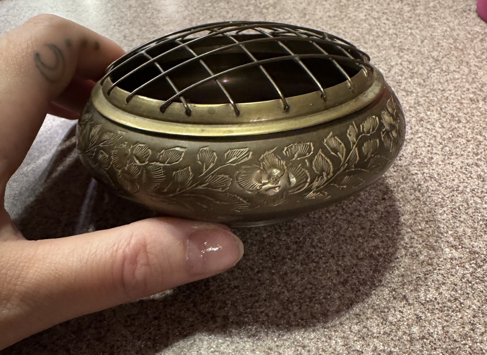 Vintage Brass Copper Flower Pot Frog Bowl 4in Gold Metal Engraved India 80s