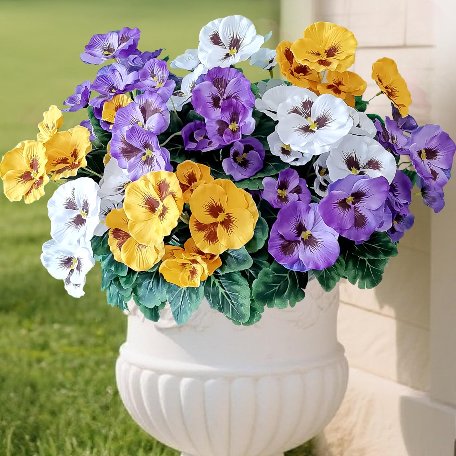 Bundles Outdoor Artificial Pansy Flowers – UV Resistant 6 Purple Yellow White