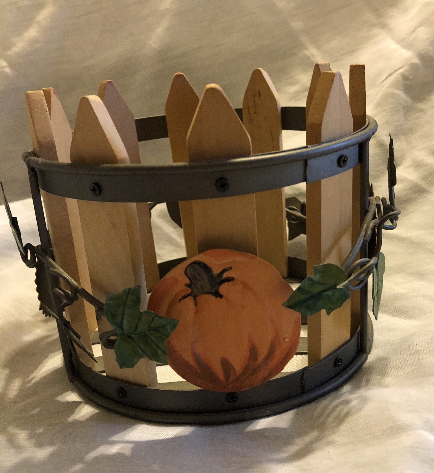 Fall Wood Fence Sunflower And Pumpkin Metal Flower Pot
