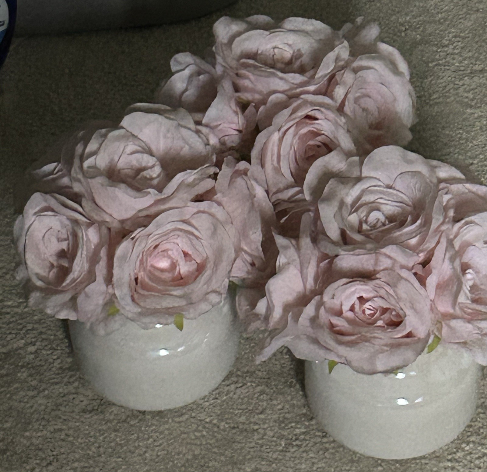 Beautiful Artificial Pink Roses Set In Pearl White Short Vases Realistic