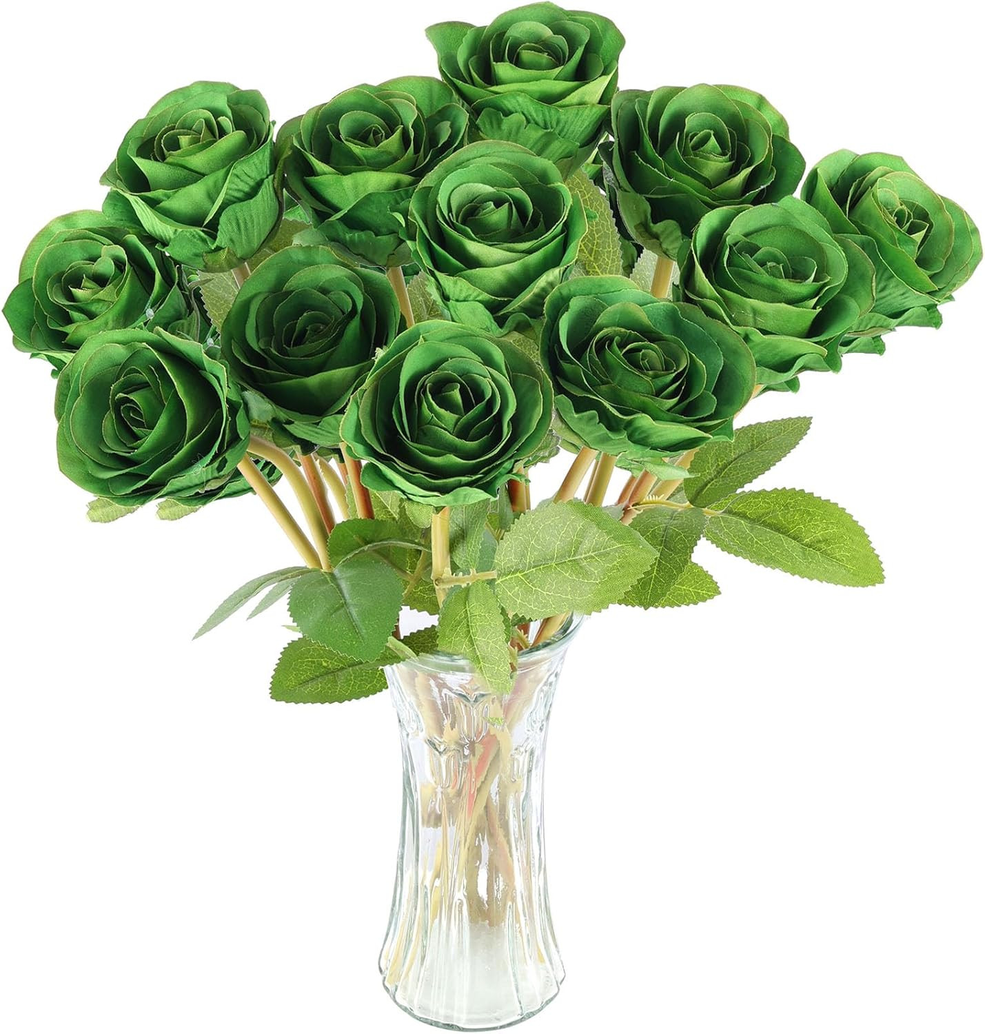 Artificial Roses Flowers for St. Patrick’S Day，12 Pcs Silk Green Rose Bouquet fo