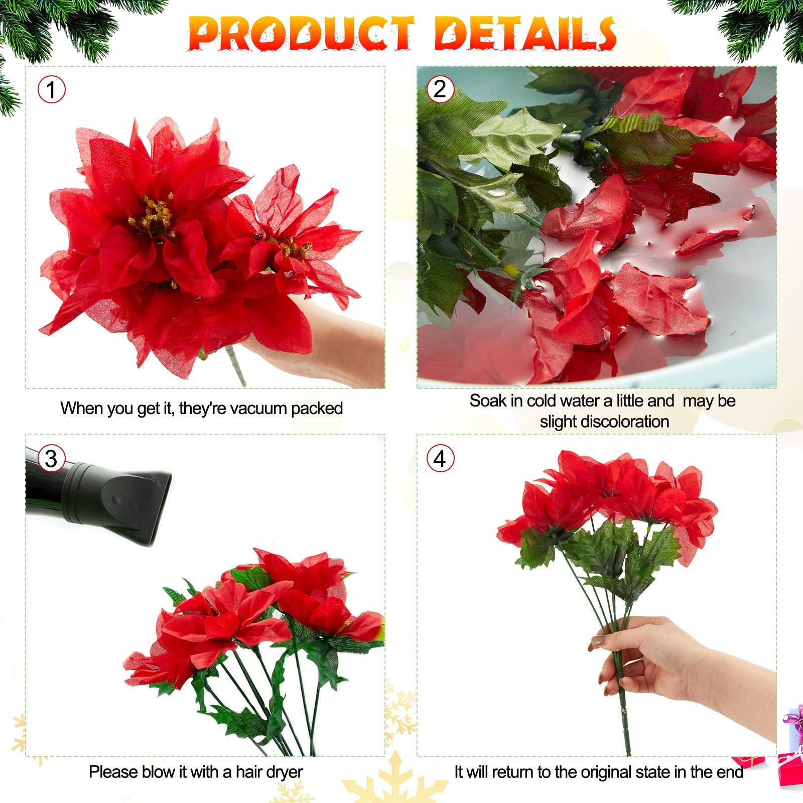 12 PCS 7 Heads Christmas Artificial Poinsettia Flowers Faux Silk Bush Red