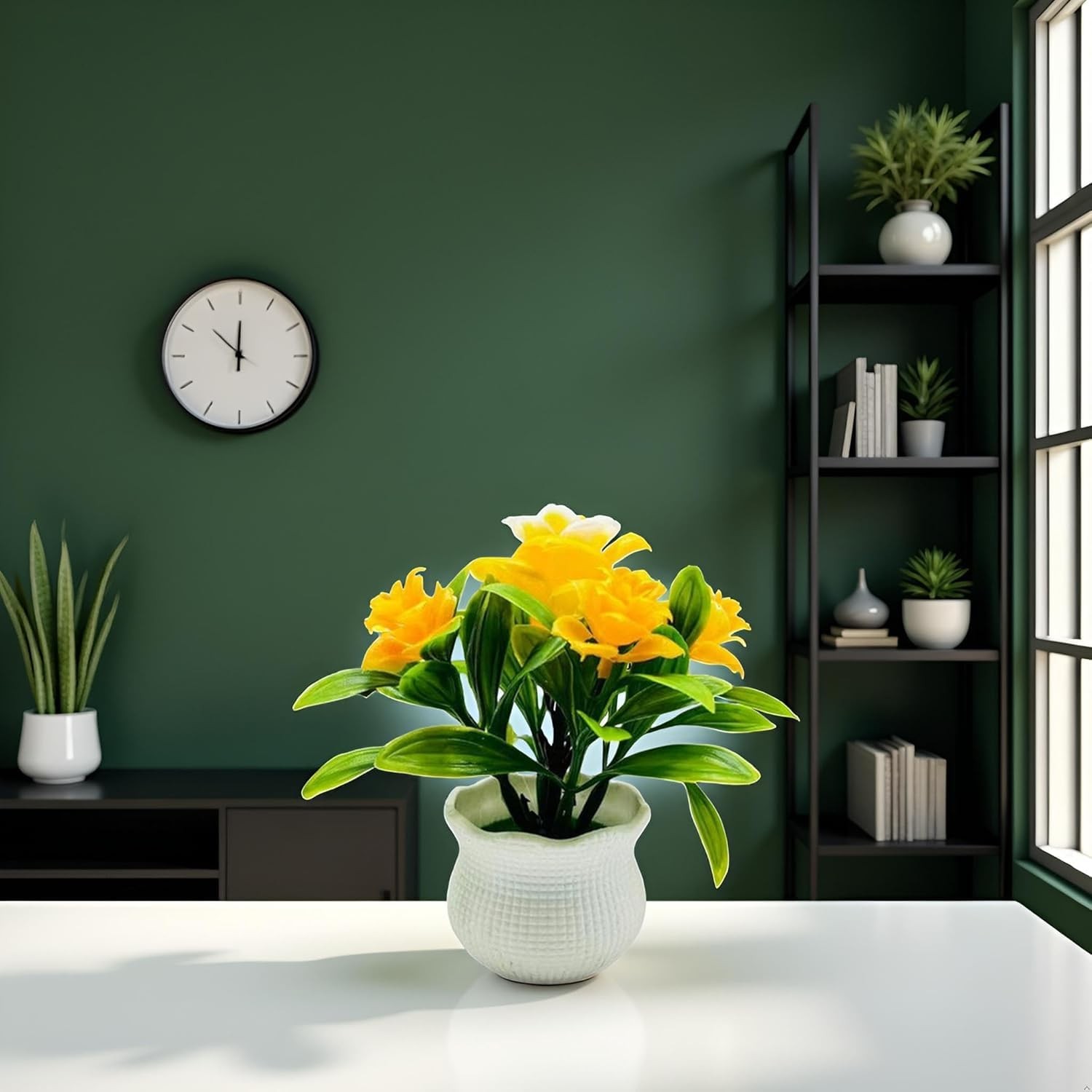 Yellow Faux Roses – 5-Petal Bloom Potted Arrangement for Home/Wedding/Garden …