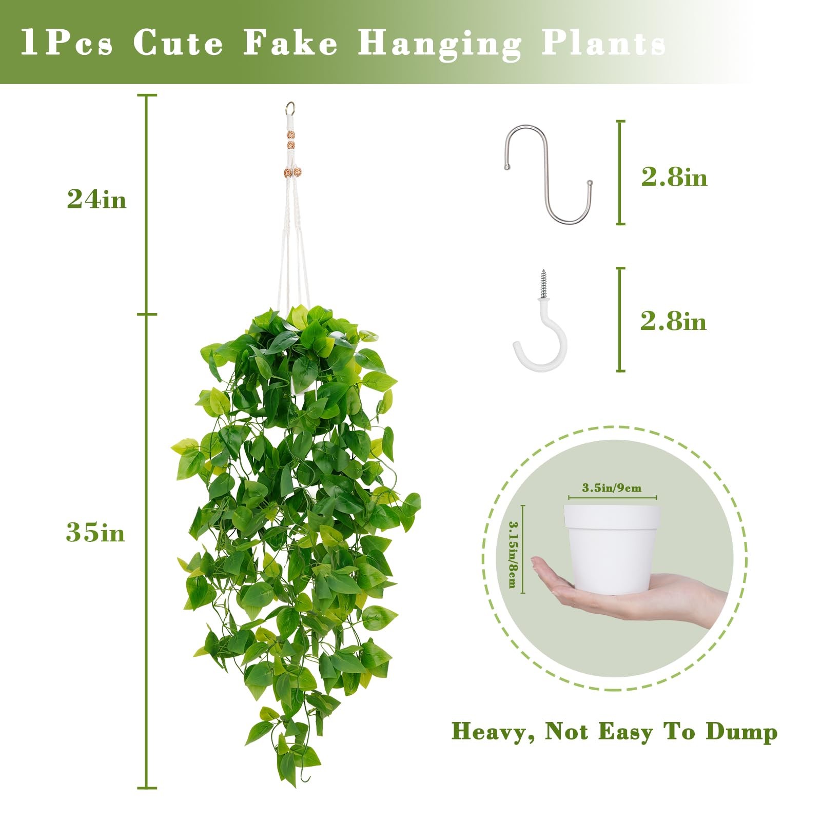 1pcs Fake Hanging Plants Kit with Pot and Plant Hanger, Artificial Pothos Vin…