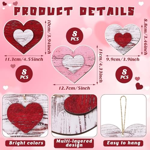 24 Pcs Valentines Day Tree Decorations 3D Vintage Red Pink White Wood Heart