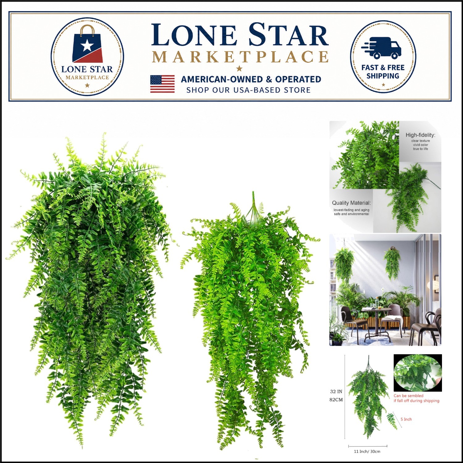 Lifelike Artificial Hanging Ferns – Perfect for Weddings and Home Decor – 2 Pcs