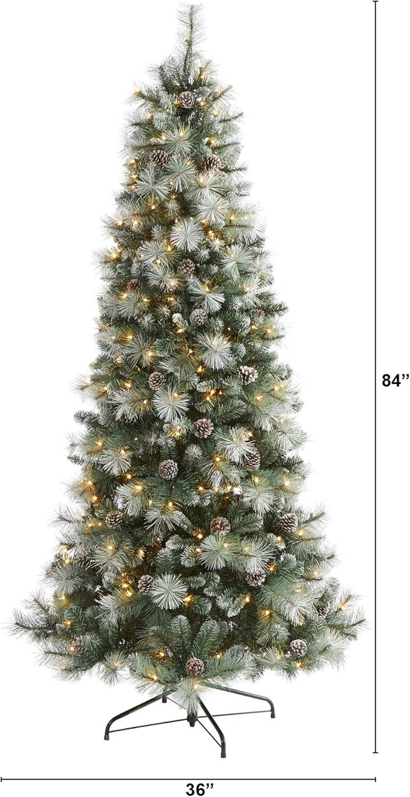7Ft Frosted British Columbia Pine Tree with 400 Lights & Pine Cones