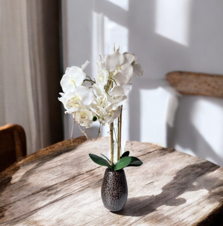 artificial white Phalaenopsis orchid arrangement in a brown textured vase 27”….