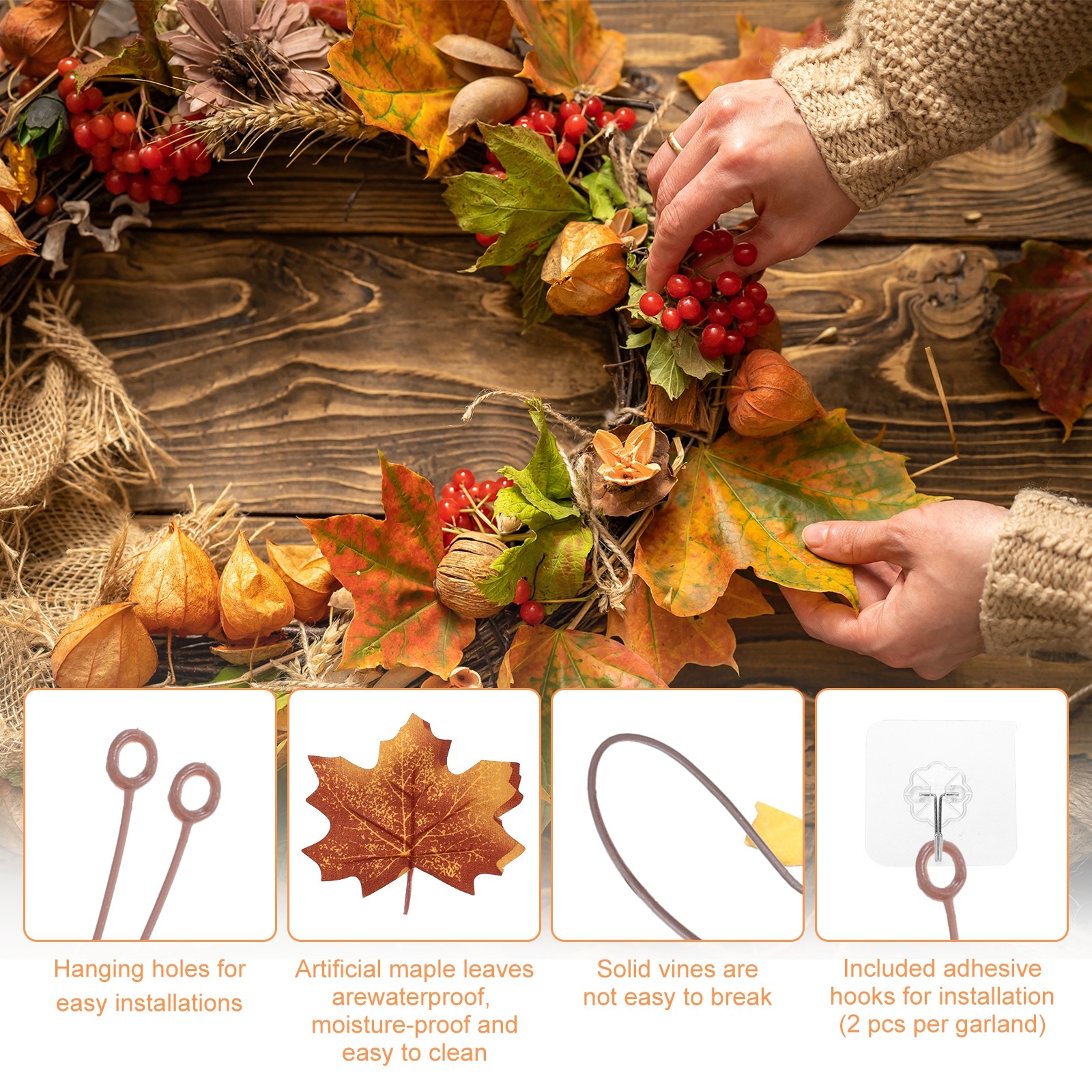 2Pcs Fall Maple Leaf Garland 5.9Ft Artificial Decor Beige/Green/Orange/White