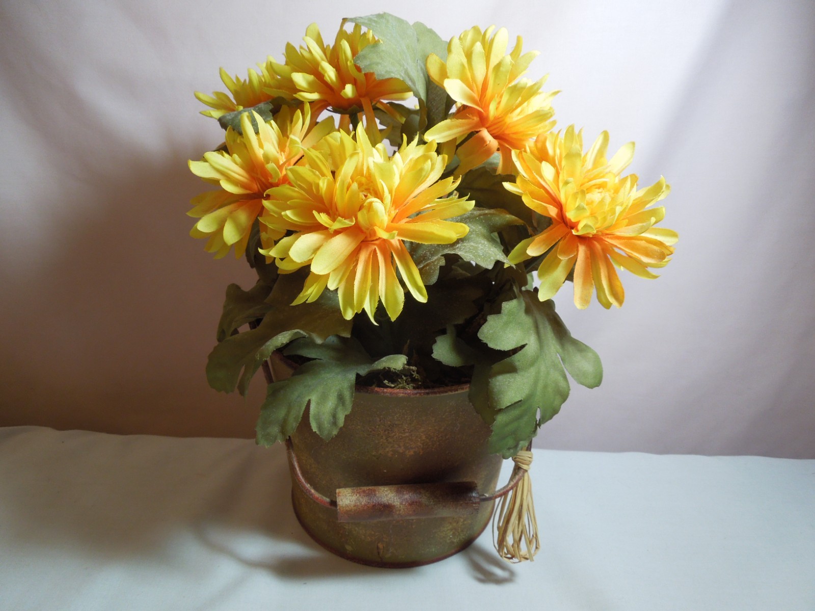 Fall Decoration Artificial Mums in a Rustic Pail with Raffia on Handle