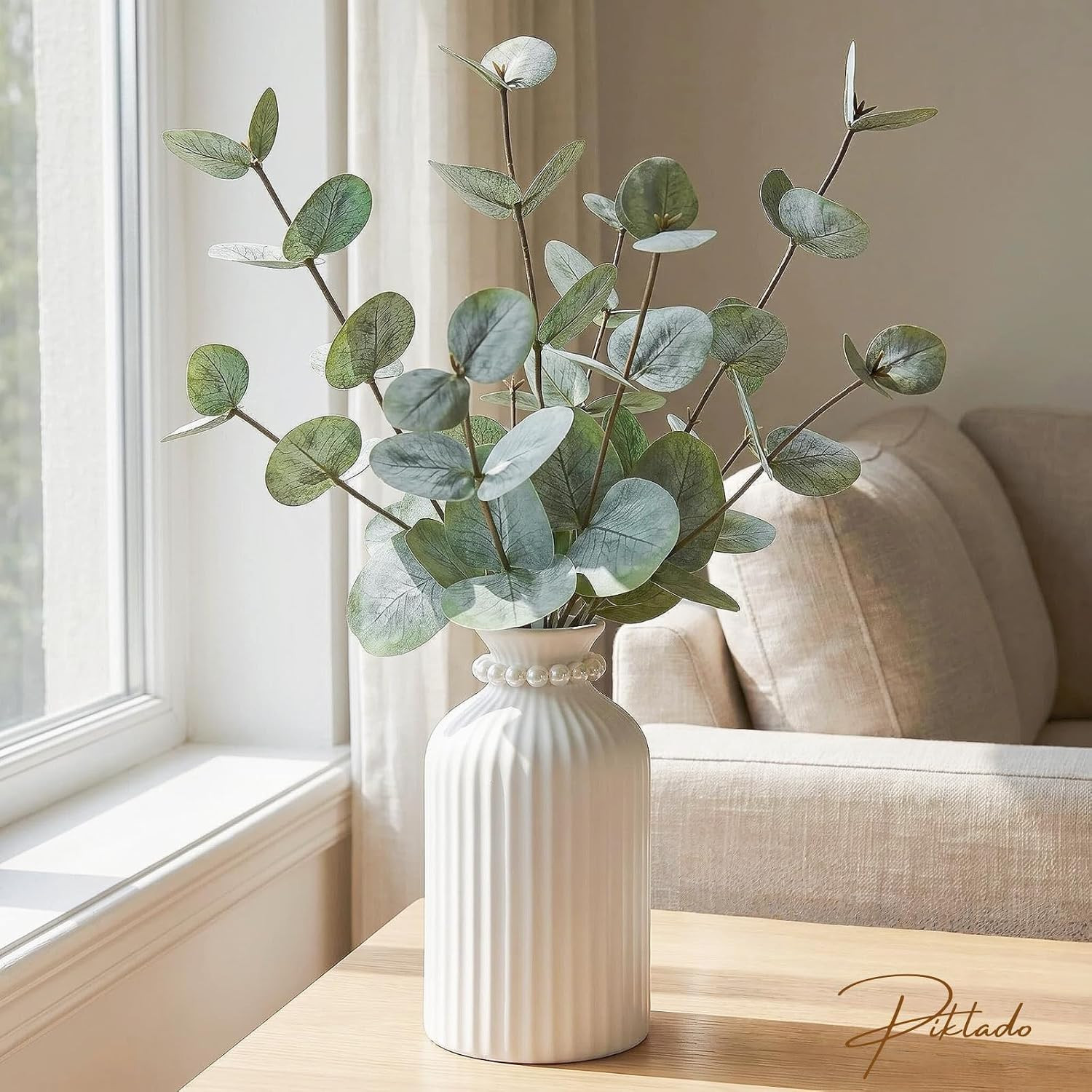 Artificial Eucalyptus Stems in Vase, Faux Plants with Frosted Ceramic Vase, Nord