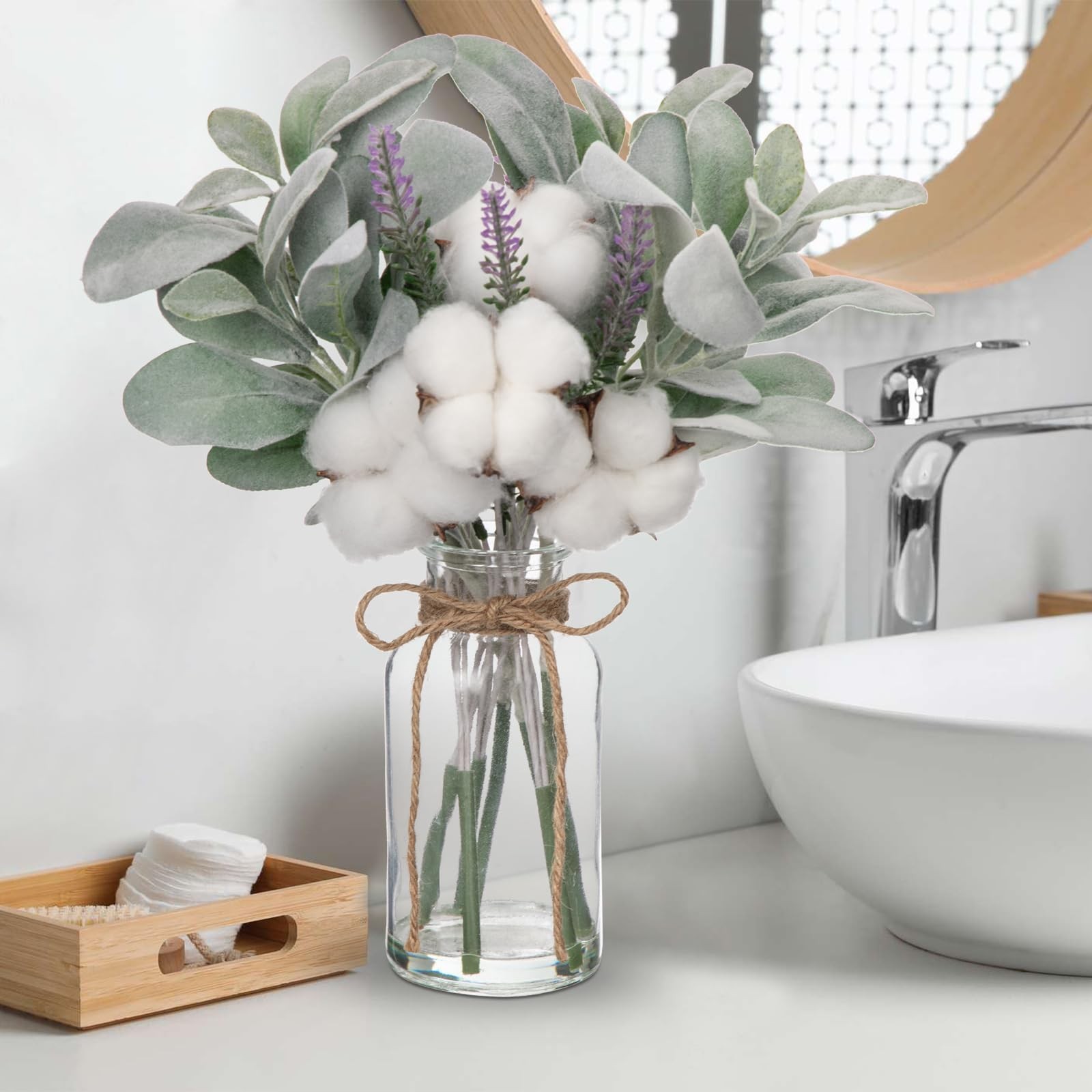 Artificial Lamb’s Ear Stems in Glass Vase with Faux Water, 14″ Fake Plant Lav…