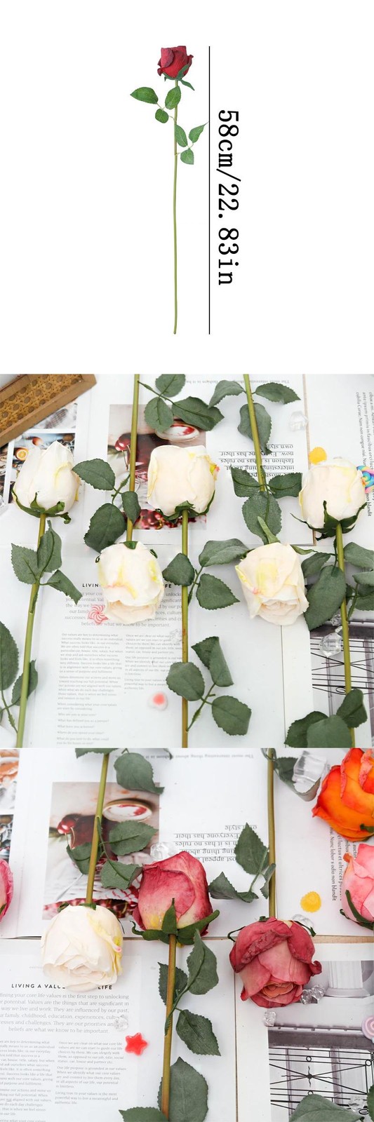 5PCS Artificial Burnt Edge Rose Buds 58cm Wedding Home Table Decor Photo Props