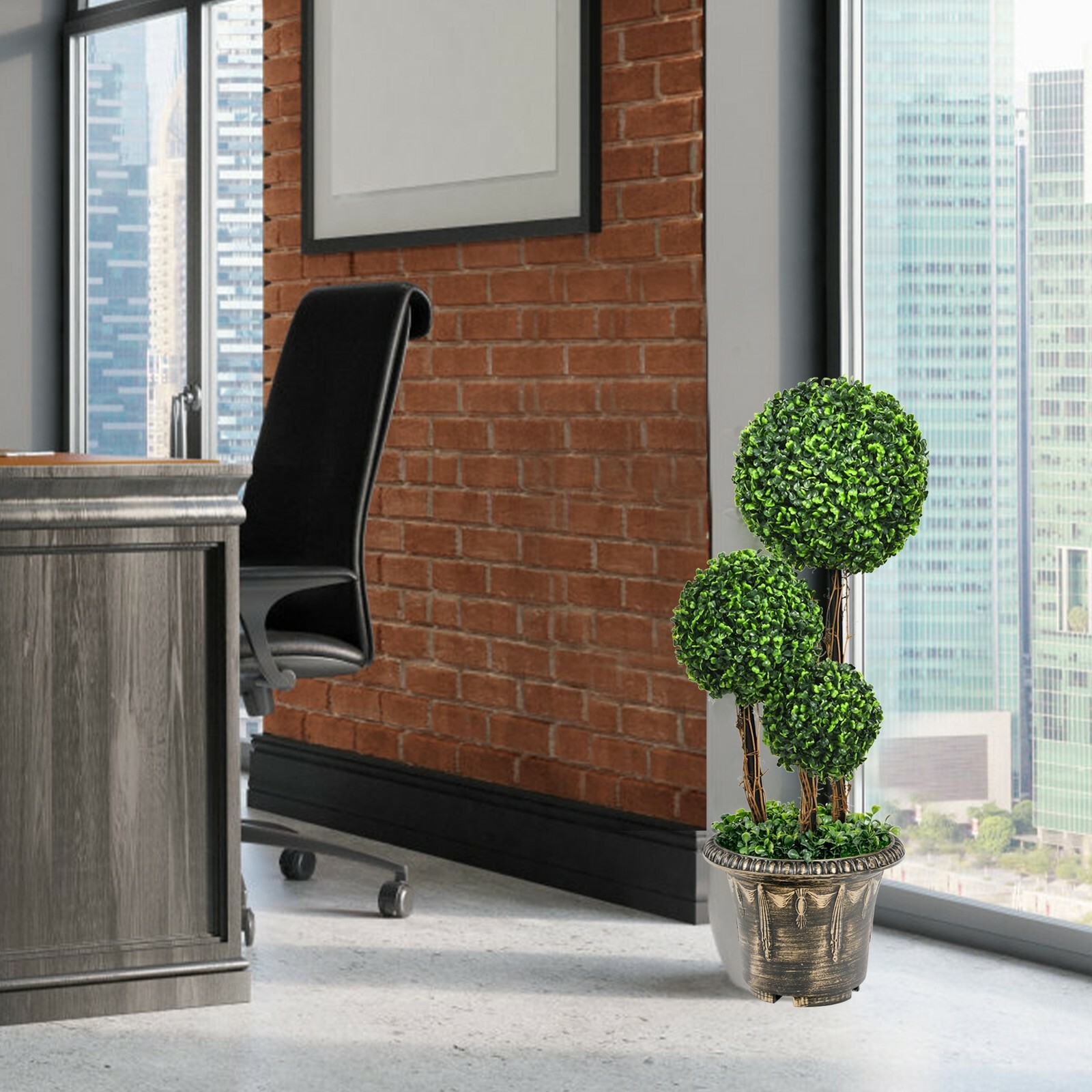 Costway 30″ Artificial Topiary Triple Ball Tree In/Outdoor UV Resistant Office