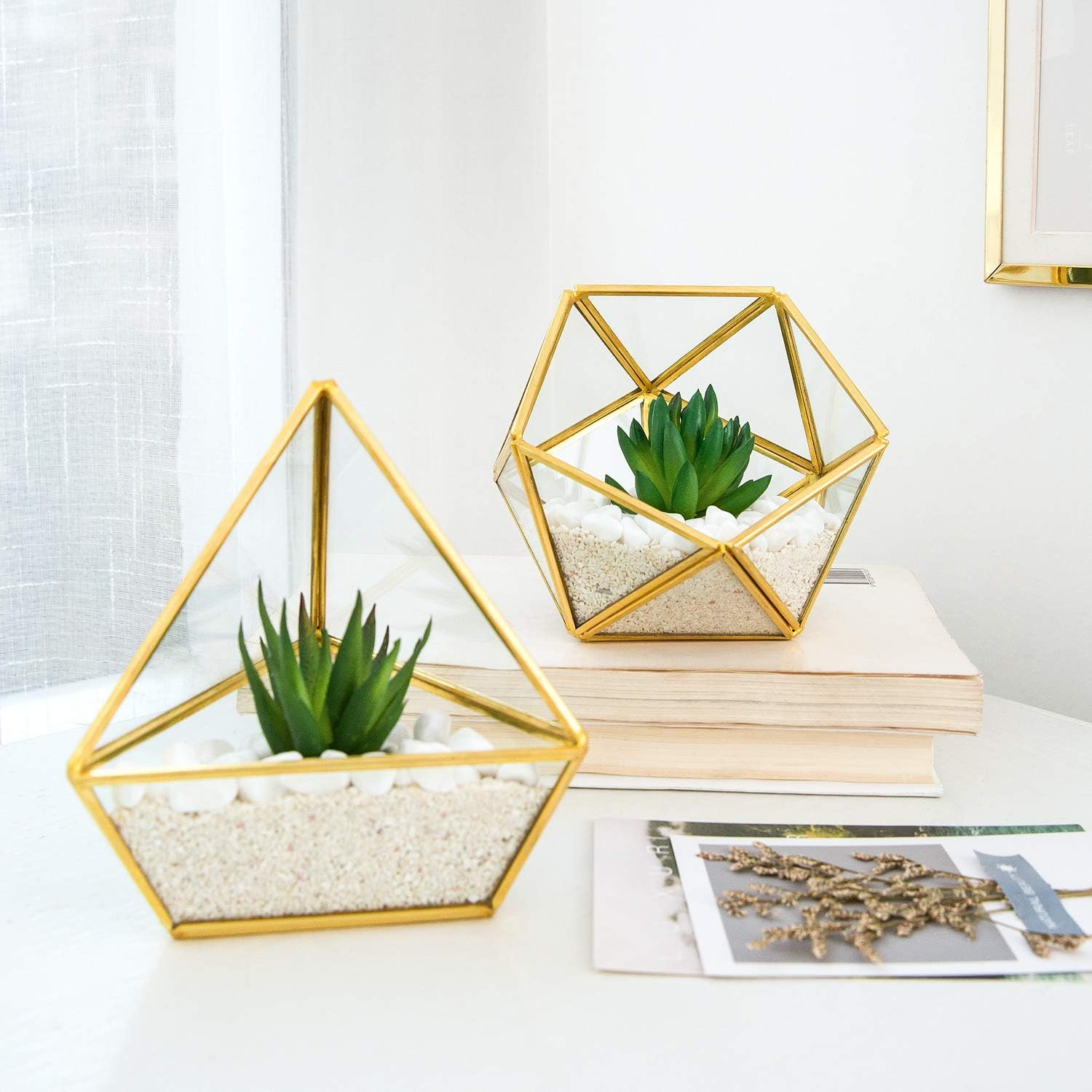 3 Pack Fake Succulents in Geometric Glass Terrarium Gold Office Decor | Lifelike