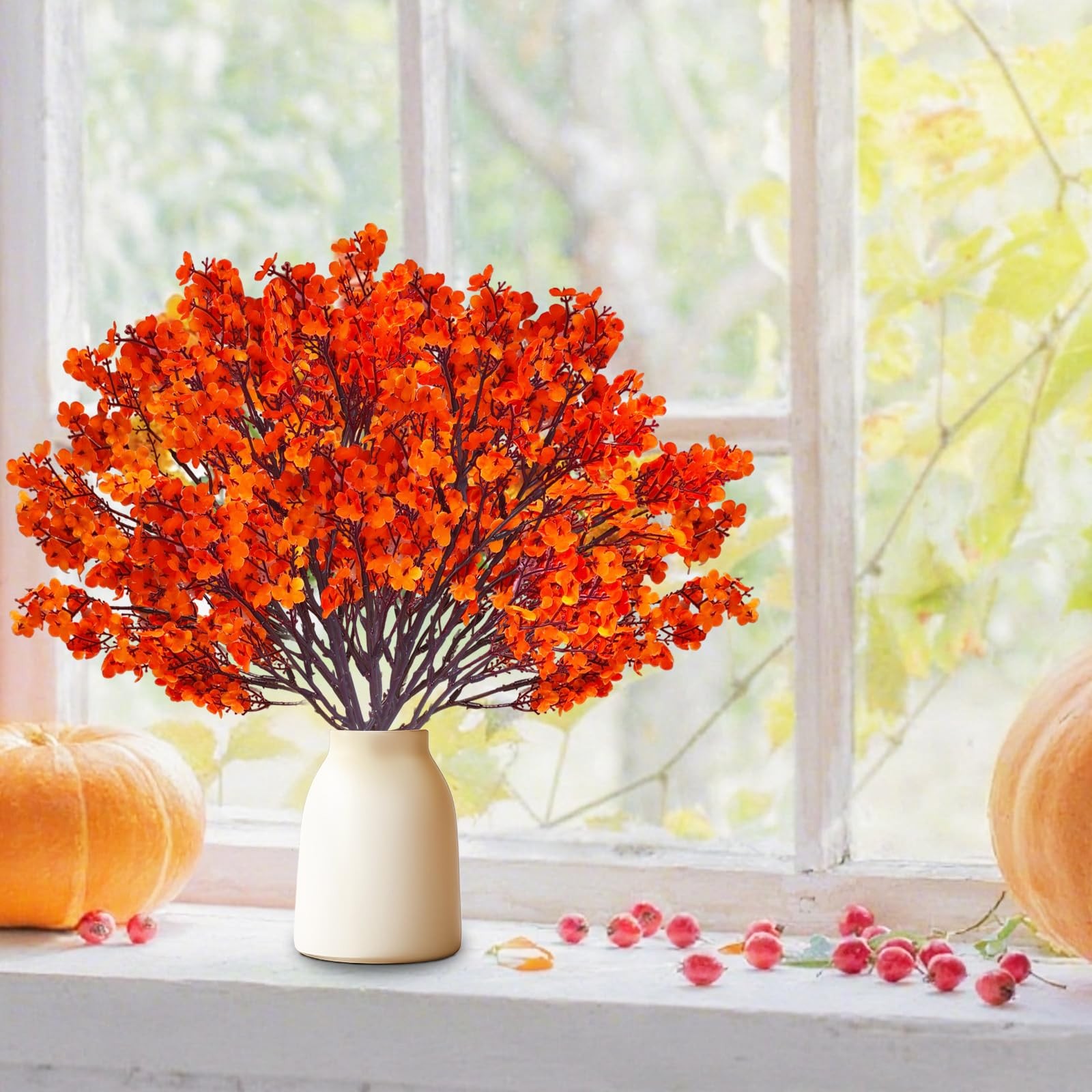 12PCS Fake Fall Flowers Orange Baby Breath Artificial Flowers Real Touch Silk…