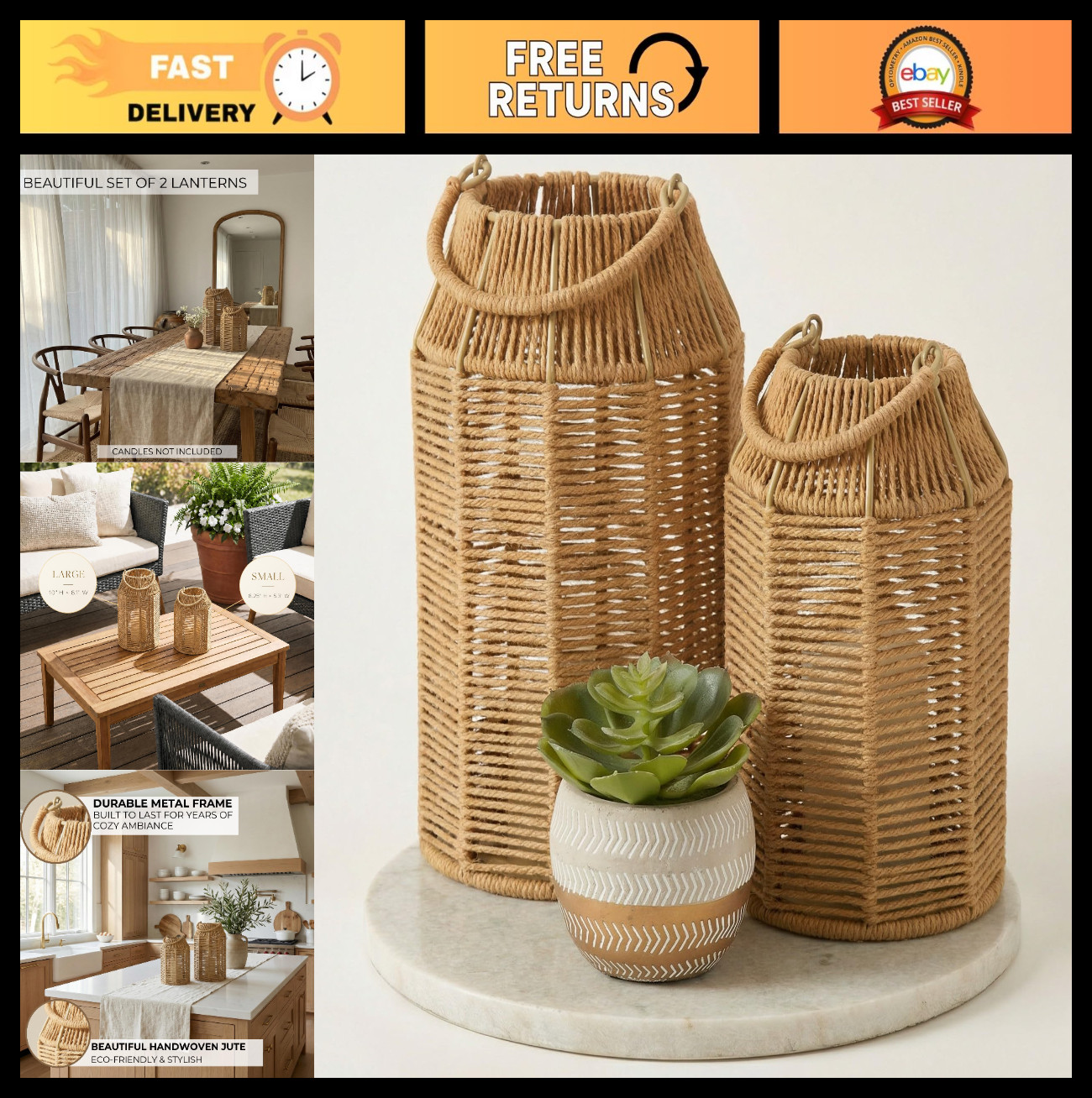 Handcrafted Natural Jute Boho Lanterns – Modern Farmhouse Decor for Home & Patio