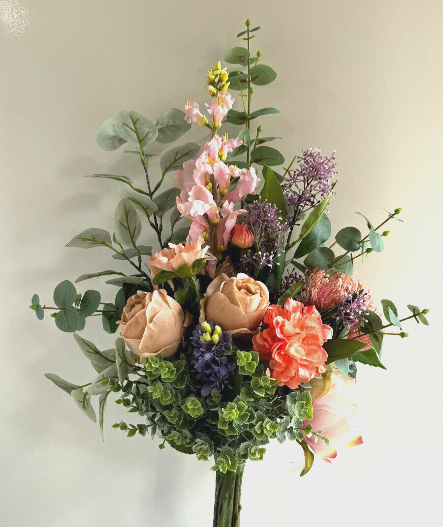 Flower Arrangement Real Touch Roses Eucalyptus Zinnia Floral Bouquet Flowers