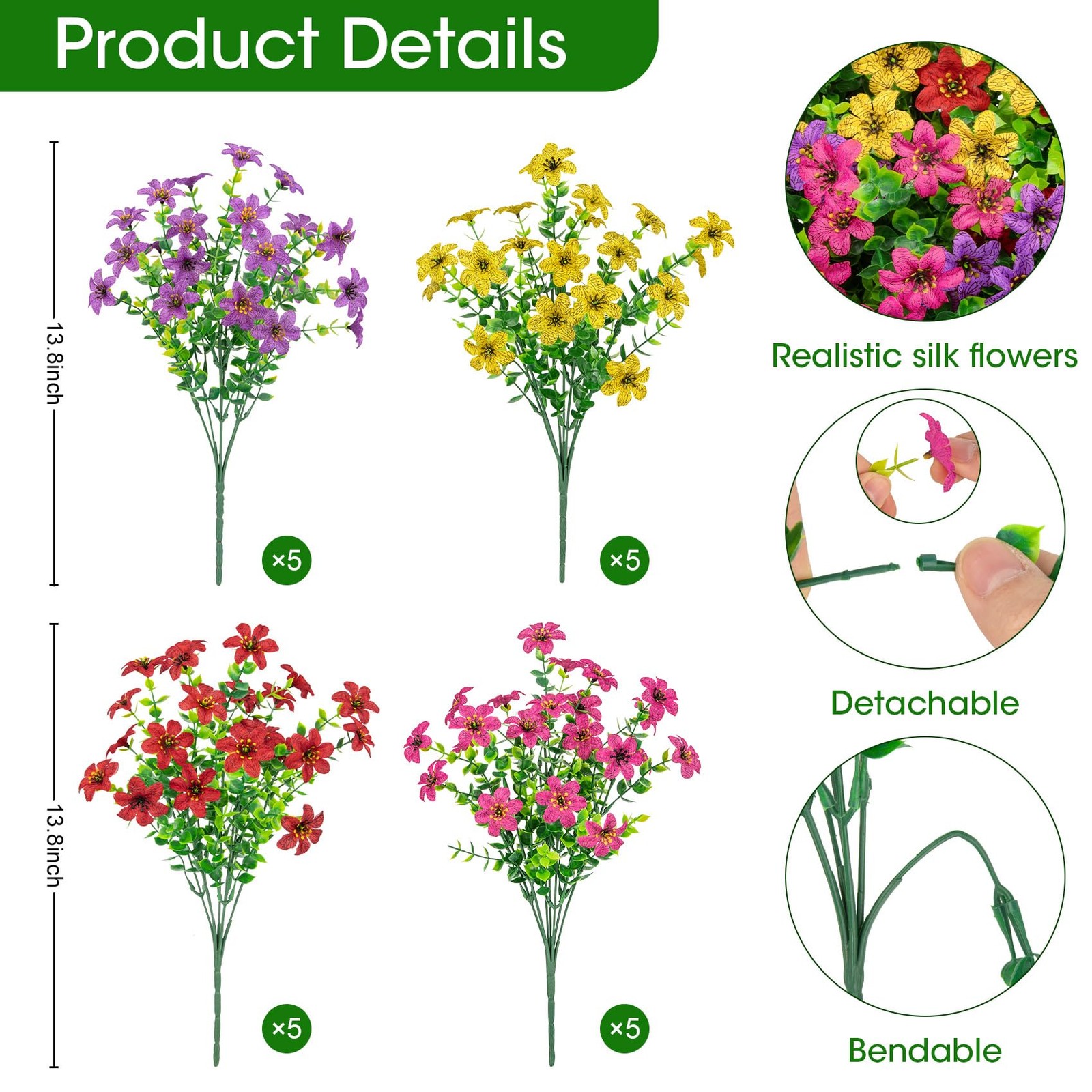 20 Bundles Artificial Flowers for Outdoors, Fake Silk Flowers UV Mixed Color