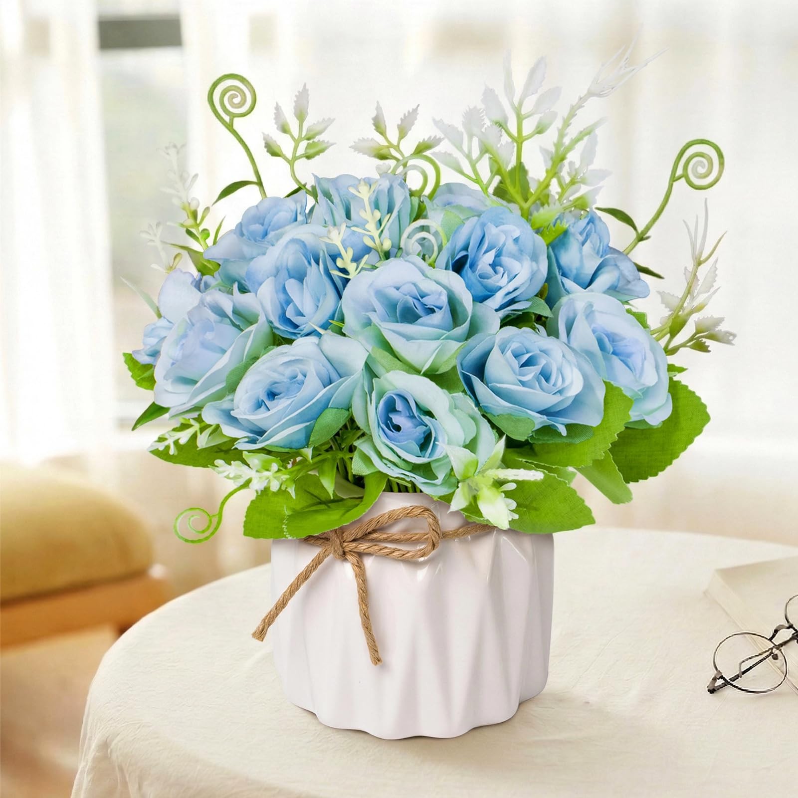 Blue Artificial Roses with Ceramic Vase, No Maintenance Fake Flowers for Tabl…